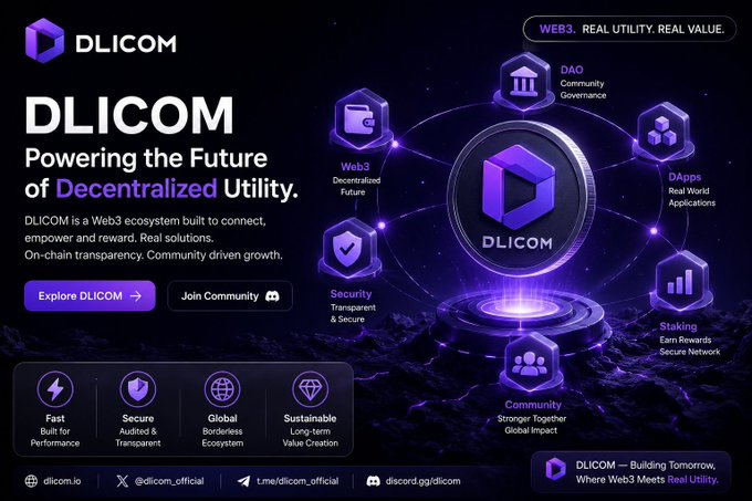 The image features a poster for DLICOM, which is an organization that is creating a new Web3 ecosystem focused on transparency, security, and real-world utility. The poster includes various icons related to Web3, such as a Bitcoin symbol, a cryptocurrency wallet icon, and a blockchain network icon. The text on the poster highlights the goals of the DLICOM project, emphasizing its focus on transparency, security, and real-world utility in the context of Web3.