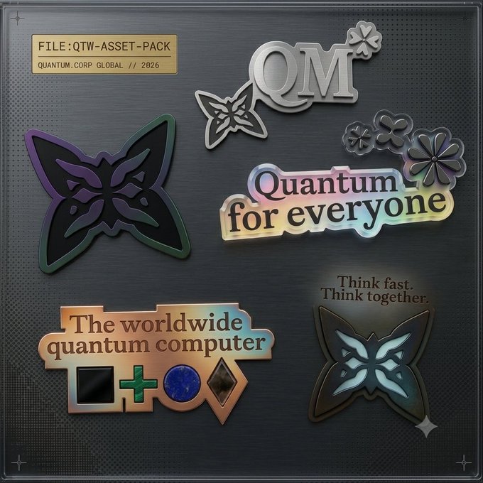 The image features four different stickers with various designs and text. The stickers are placed against a black background, which makes them stand out prominently. Each sticker has its own unique design and message written on it. One of the stickers reads "Quantum for everyone", while another one says "The world wide computing platform". There is also a sticker that says "Think fast together" and another one with a green butterfly design. The stickers are arranged in a row, showcasing their individual designs and messages.