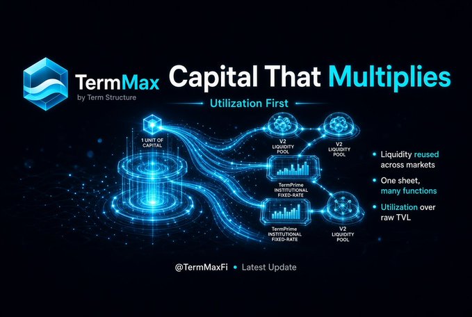 A promotional graphic for "TermMax by Term Structure" titled "Capital That Multiplies" with "Utilization First" subtitle, showing a flow diagram from a central "1 UNIT OF CAPITAL" splitting into V2 Liquidity Pools and TermPrime INSTITUTIONAL FIXED-RATE products.