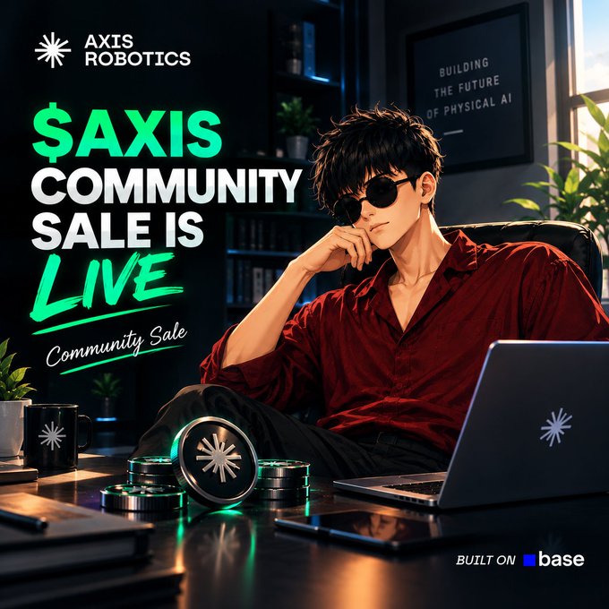 A promotional graphic for 'AXIS ROBOTICS' advertising '$AXIS Community Sale is LIVE' featuring anime-style artwork of a young man in sunglasses, with 'BUILT ON base' branding and 'BUILDING THE FUTURE OF PHYSICAL AI' text.