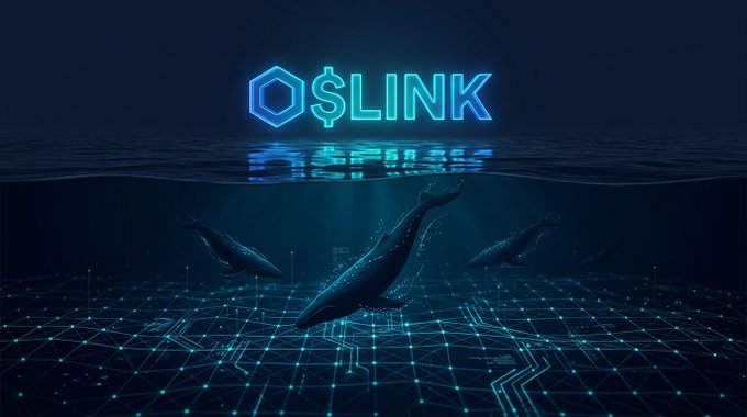A digital artwork featuring the 'CHAINLINK' ($LINK) logo glowing in blue neon above a stylized underwater scene with whales swimming over a circuit board-patterned ocean floor.