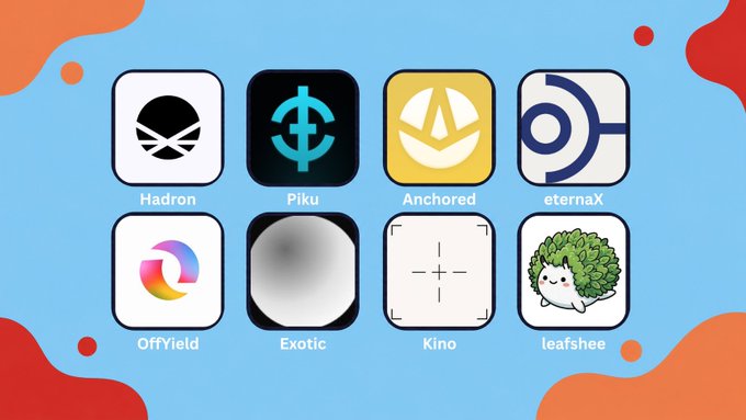 An image showing eight app or platform icons labeled Hadron, Piku, Anchored, eternaX, OffYield, Exotic, Kino, and leafshee against a blue background with red and orange accents.