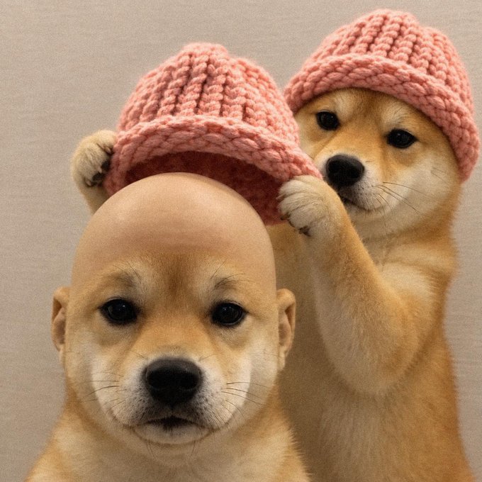 Surreal AI-generated image of two Shiba Inu puppies in pink knit beanies, with one appearing to place the hat on the other's bald head.