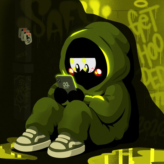 A hooded figure sits against a graffiti-covered wall, with visible text including "GET HOODED" and "WEBS ARE DEAD," while looking at a phone displaying a skull logo. The mysterious character directly ties to the @HoodedNFT brand mentioned in the post.