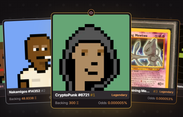Three NFT collectible cards displayed, including 'CryptoPunk #6721' (Legendary, 300Ξ backing), 'Nakamigos #14352' (#2, 48.833Ξ backing), and a Mewtwo Pokémon card on the right.