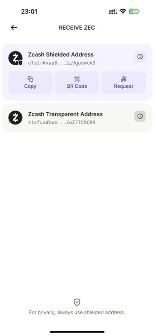 A mobile wallet screen for receiving Zcash (ZEC), displaying both a Zcash Shielded Address ('u1slmkva8...2z9gadwck3') with Copy/QR Code/Request options and a Zcash Transparent Address ('t1cfuzWzws...ZoZ7TCSCR9'), with a note 'For privacy, always use shielded address.'