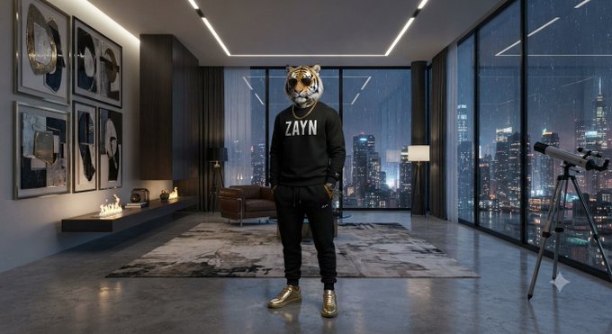 A figure wearing a tiger mask and a black sweatshirt with 'ZAYN' written on it stands in a modern, upscale apartment with floor-to-ceiling windows overlooking a city skyline.