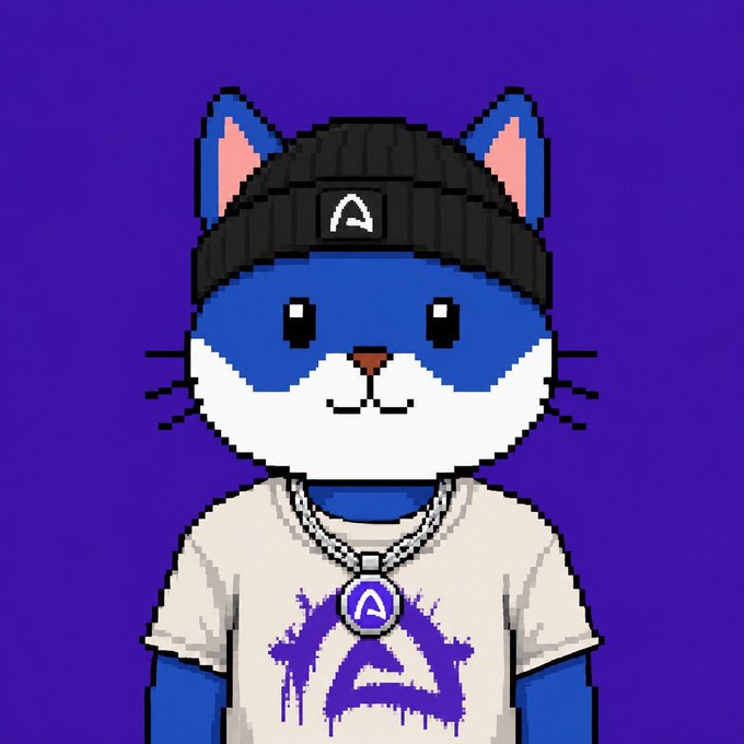 Pixel art illustration of a blue and white cat wearing a black beanie with an 'A' logo, a white t-shirt with a purple spray-paint 'A' design, and a matching silver chain necklace with an 'A' pendant, set against a solid blue background.
