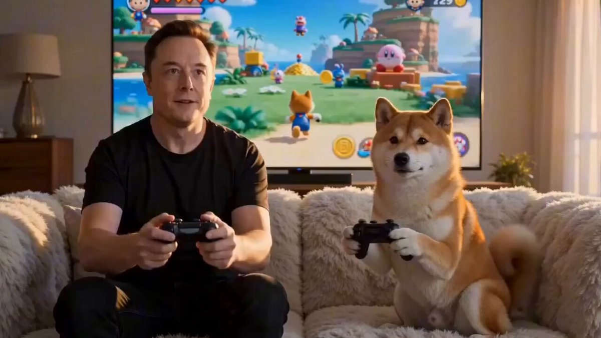 The image features a man sitting on a couch playing video games, with his dog standing next to him holding a game controller. In front of them, there's a TV displaying a video game scene featuring a character named "$doge". The background shows a living room setting with a couch and a lamp.