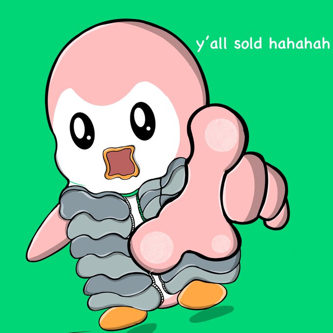A cartoon penguin wearing a gray puffer vest stands against a bright green background, giving a thumbs-up next to the text "y'all sold hahahah".