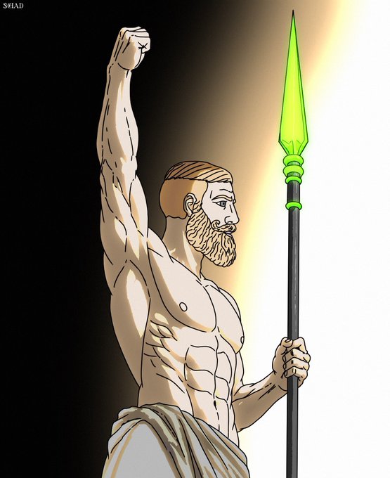 A digital illustration of a muscular, bearded Spartan-style warrior raising his fist while holding a spear with a glowing green blade, signed 'S0IAD.'