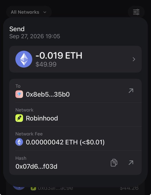 A cryptocurrency transaction receipt showing a Send of -0.019 ETH ($49.99) to address 0x8eb5...35b0 via the Robinhood network on Sep 27, 2026, with a minimal network fee of 0.00000042 ETH. This appears to document a $49.99 purchase, likely funding a restock of $GARRI tokens as referenced in the accompanying post.