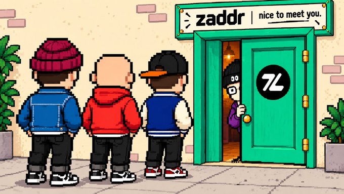 Pixel art illustration showing three cartoon characters from behind standing outside a green door with a 'zadr | nice to meet you' sign, where a character wearing glasses is peeking out from the doorway.