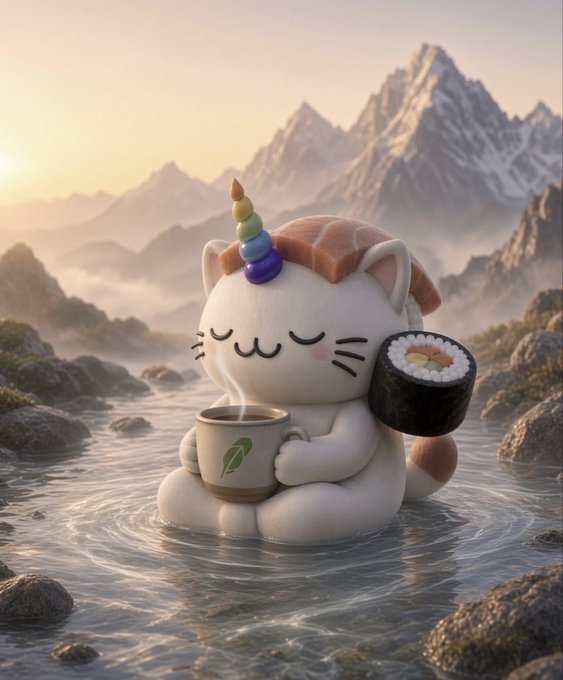 A cute 3D-rendered illustration of a Hello Kitty-like character sitting in a hot spring, holding a teacup with a leaf design in one hand and a sushi roll in the other, with a rainbow unicorn horn on its head, set against a mountain landscape.