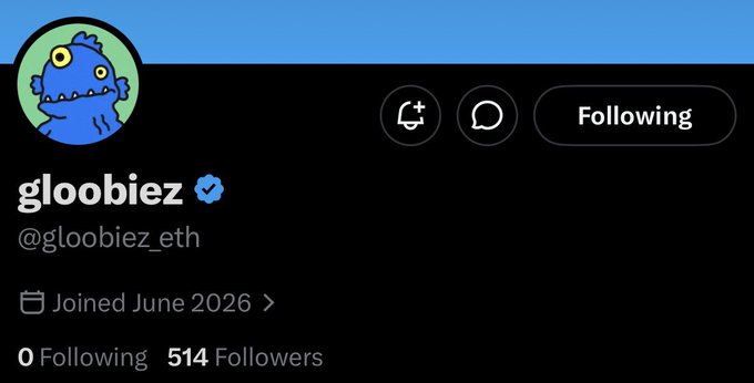 The image shows a social media post with a blue background, featuring a cartoon character or monster head. The post has a caption that reads "gloobiez eth @gloobies club NFT found on @nobodiesclubNFT found on @ComboX_World found on @514 followers @nobodiesclubNFT". The post is about a person who found a monster in their social media feed.