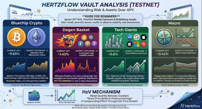 An infographic titled "HERTZFLOW VAULT ANALYSIS (TESTNET)" comparing four investment options: Bluechip Crypto (BTC, ETH), Degen Basket, Tech Giants, and Macro, with current APYs and market exposures.