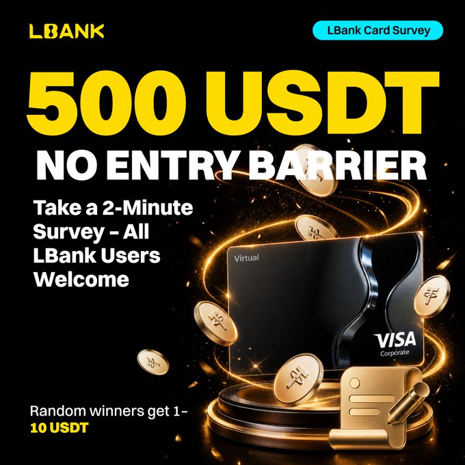 The image is a promotional graphic from LBank advertising a "Virtual Card Survey" offering a 500 USDT prize pool, with a black Visa Corporate virtual card, gold coins, and a scroll illustration set against a black background with text noting "NO ENTRY BARRIER" and that random winners receive 1-10 USDT. The accompanying post announces that winners for this survey campaign have now been selected and provides a link to the full winner list.
