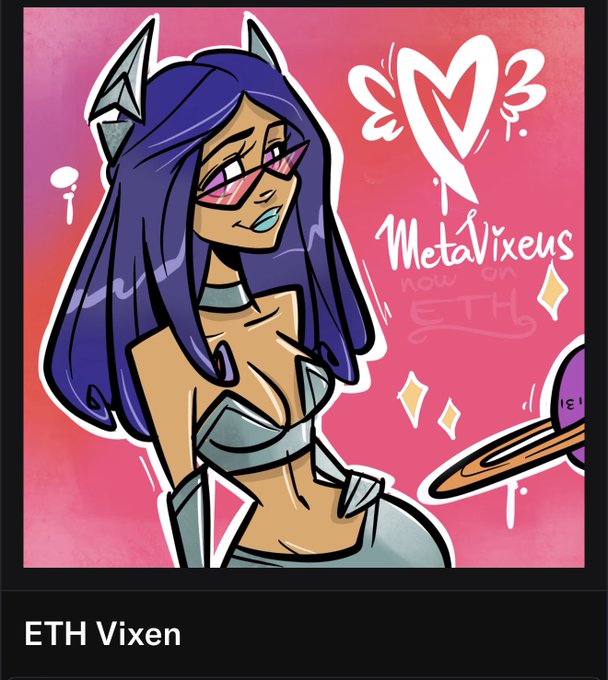 A digital artwork titled 'ETH Vixen' showing an anime-style character with purple hair, cat ears, and pink sunglasses, with 'MetaVixens NOW ON ETH' branding against a pink background.
