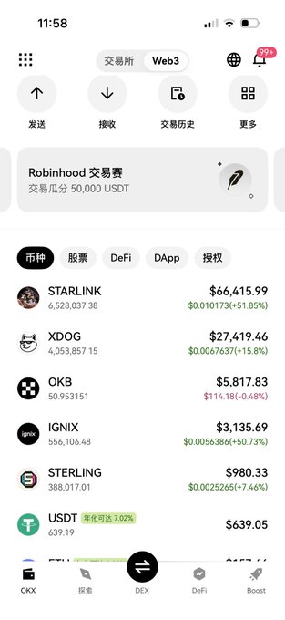 A screenshot of a mobile cryptocurrency app showing the 'Web3' tab and '交易所' (Exchange) section, listing coins like STARLINK ($66,415.99), XDOG ($27,419.46), OKB ($5,817.83), IGNIX ($3,135.69), STERLING ($980.33), and USDT ($639.05), along with a 'Robinhood 交易赛' (Robinhood Trading Competition) banner.