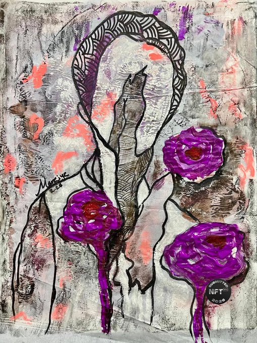 An abstract mixed-media artwork featuring black line drawings of a female figure, accented with vibrant purple flowers with red centers against a textured grey, white, and pink background.