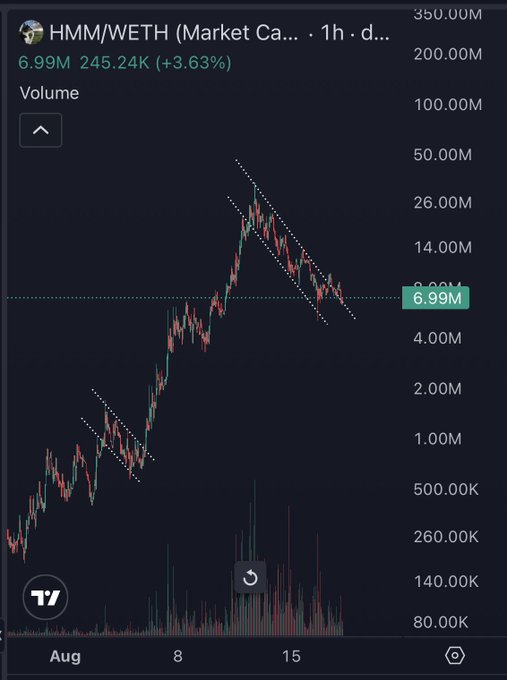 A 1-hour candlestick chart of HMM/WETH on a decentralized exchange shows the token's price action over the past several weeks (late July through mid-August), featuring a sharp rally from lows around 1M to a peak near 50M before pulling back to the current 6.99M (up 3.63% at 245.24K), with descending parallel channel lines drawn on the recent downtrend suggesting a potential breakout setup that aligns with the post's bullish anticipation of a "next leg up."