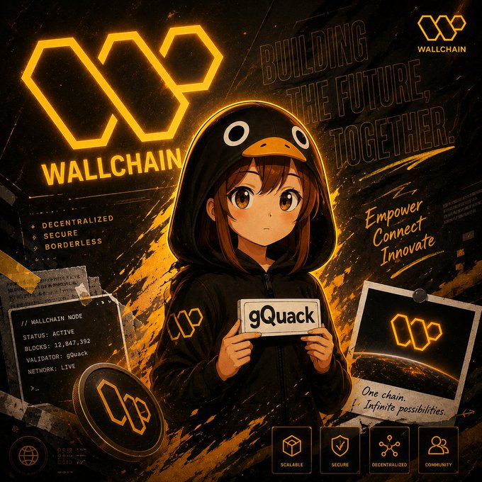 The image features a girl wearing a black hoodie with a penguin design holding up a sign that says "gQuack" against a dark background, which includes text about Wallchain and its mission to transform raw on-chain activity into valuable insights for users, builders, and communities. The girl is the main focus of the image, while the text and other elements in the background provide context and information related to the Wallchain project.