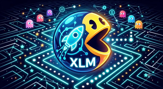 A digital illustration featuring the Pac-Man character merged with a rocket ship, labeled 'XLM' (Stellar cryptocurrency), set against a neon circuit-board background with Pac-Man ghosts.
