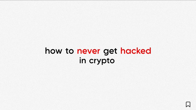 A minimalist white graphic with the text "how to never get hacked in crypto," with "never" and "hacked" highlighted in red.