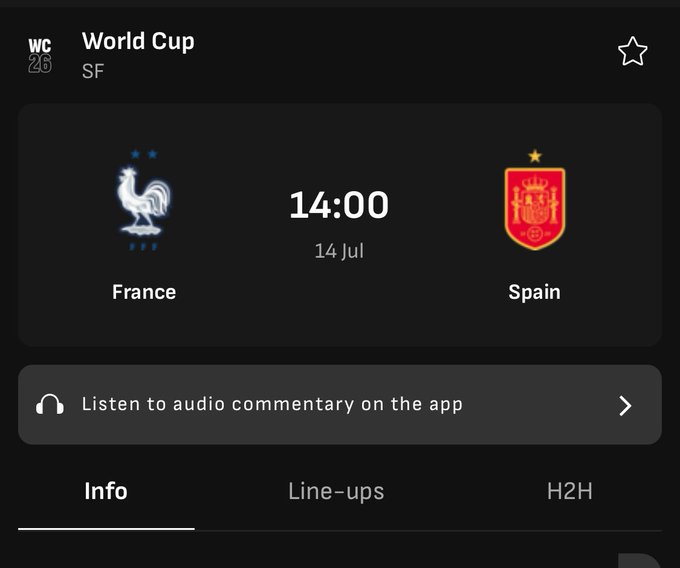 A mobile app screen displays the World Cup Semi-Final matchup between France and Spain scheduled for 14:00 on 14 July, featuring their respective team crests and tabs for Info, Line-ups, and H2H statistics. While the post requests goalkeeper saves be included, the image only shows a pre-match fixture screen with no gameplay statistics or save data available to display.