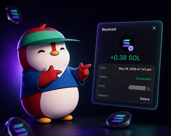 The image features a cartoon penguin standing next to a computer screen displaying some text about a cryptocurrency transaction. The penguin has a hat with a green band around its neck, and there are several coins scattered around the scene. The text on the screen reads "received 0.38 sol + 0.88 sol", which indicates that someone has sent money to the penguin's account.