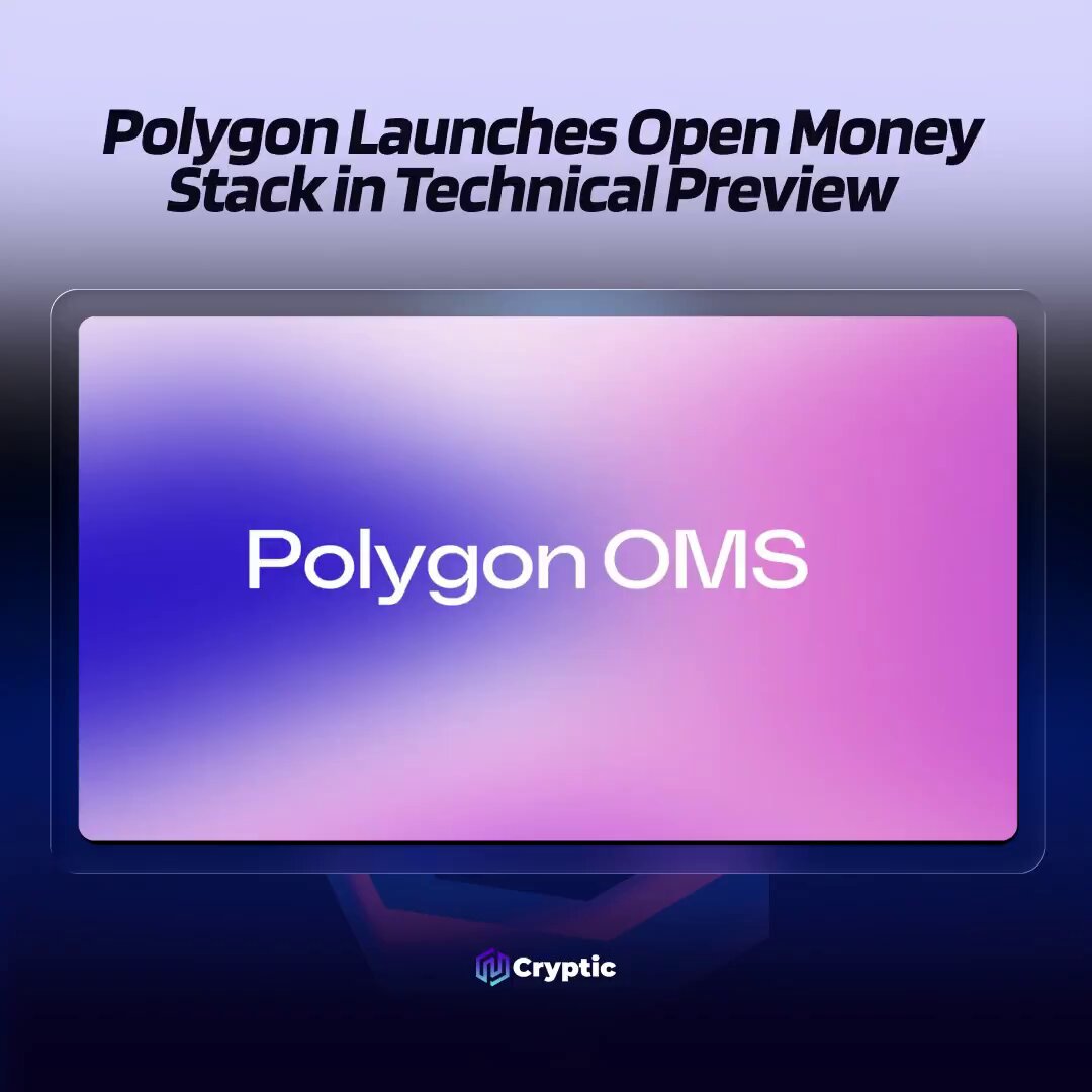 The image features a computer monitor displaying a purple background with white text that reads "New: @0xPolygon has launched Open Money Stack in technical preview, enabling businesses to move money using stablecoins through a unified platform." The main focus of the image is on the text and the computer screen.