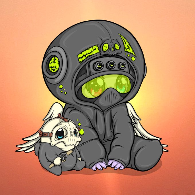 A cartoon illustration of a chibi character in a dark hazmat-style suit with a large glowing green visor, accompanied by a small skeleton figure wearing a knight's helmet and holding a key.