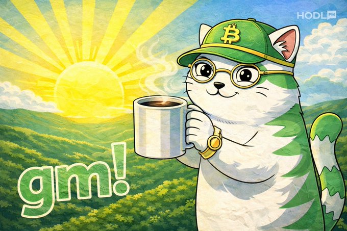 An illustration of a white cat wearing a green Bitcoin cap and gold glasses, holding a steaming coffee mug with 'gm!' text, branded 'HODL FM' in the corner.