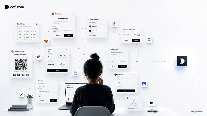 A promotional graphic for defi.com showing a woman at a laptop surrounded by floating UI panels for crypto services including Metaverse, Change Network, Swap, Transaction Request, Approve USDC, and WalletConnect.