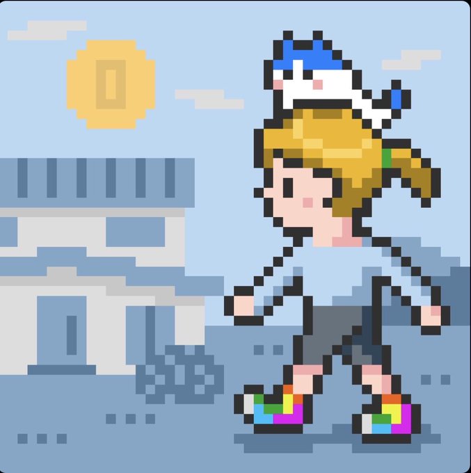 Pixel art illustration of a blonde character wearing a blue and white cap and rainbow shoes, roller skating in front of a building under a bright sun.