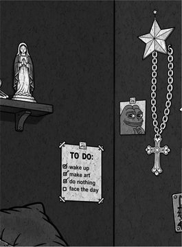 A black and white illustration of a bedroom corner featuring a statue of the Virgin Mary on a shelf, a rosary with a star ornament hanging on the wall, and a pinned note reading 'TO DO: wake up, make art, do nothing, face the day'.