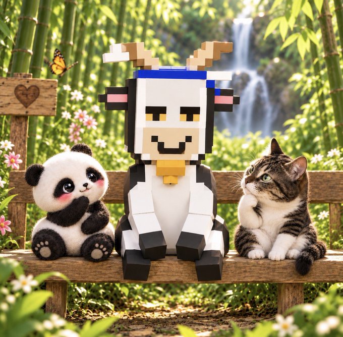 A whimsical scene on a wooden bench featuring a fluffy panda plush on the left, a blocky pixel-art goat character in the middle, and a tabby cat on the right, set in a bamboo forest with a waterfall.