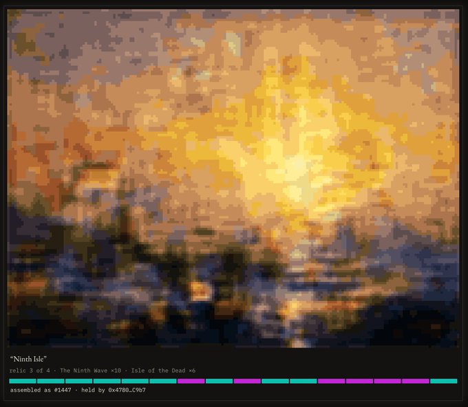 A pixelated digital artwork depicting a sunset with warm orange and yellow hues reflecting over water, labeled "Ninth Isle" with text "relic 3 of 4 - The Ninth Wave #16 - Isle of the Dead #6" and "assembled as #1447 - held by 0x4780...C9b7".
