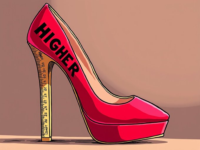 An illustrated red high-heeled shoe where the heel is depicted as a ruler measuring tape, labeled with the word 'HIGHER' across the upper.