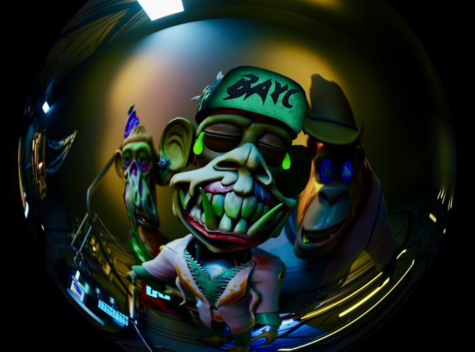 A distorted fisheye 3D render of three creepy cartoonish characters wearing caps, with the central one wearing a green 'BAYC' cap and showing green glowing teeth.