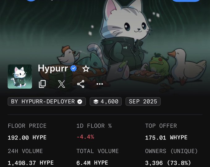 A screenshot of a Hyperliquid NFT collection page displaying "Hypurr" with a floor price of 192.00 HYPE, a 1D floor % of -4.4%, and a top offer of 175.01 WHYPE, featuring a cartoon white cat character alongside duck and frog figures. The image relates to the post by showcasing the Jeff NFT from the Hypurr collection on the Hyperliquid platform, with market stats indicating recent price decline.