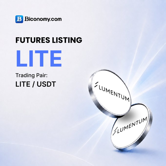 A promotional graphic for Biconomy.com announcing a 'FUTURES LISTING' for 'LITE' with the trading pair 'LITE / USDT', featuring silver metallic coins embossed with 'LUMENTUM' on the right side.