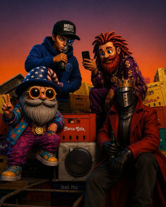 A stylized 3D digital illustration features four characters including a figure with a crown and knight's armor holding a bottle, sitting among crates with 'Mecca Cola' branding.