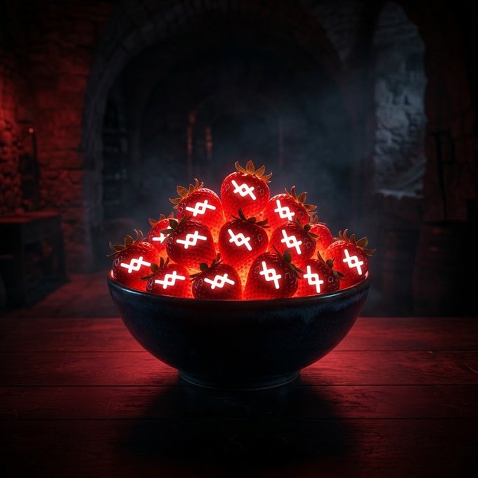 A dark, atmospheric image shows a black bowl filled with glowing red strawberries, each marked with a bright white symbol, sitting on a wooden table.
