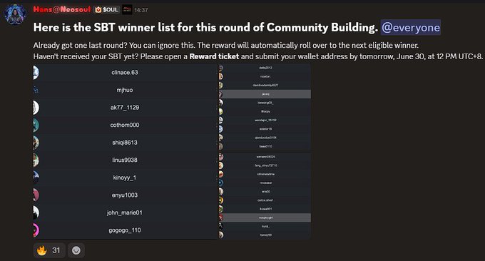 Discord message from Hans@Neosoul in the SOUL server announcing the SBT winner list for a Community Building round, listing usernames like clinace.63, mhjuo, and ak77_1129 with instructions to open a Reward ticket by June 30 at 12 PM UTC+8.