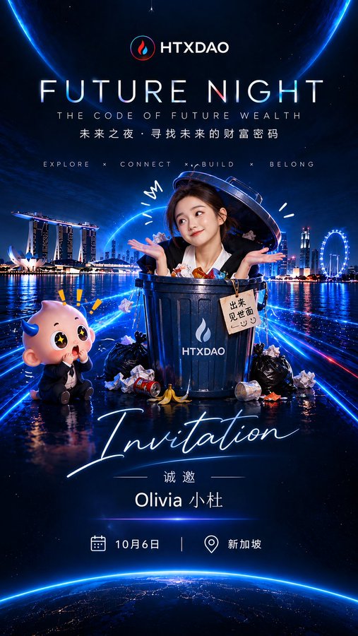 An event invitation poster for HTXDAO's 'FUTURE NIGHT' featuring 'Olivia 小杜' in Singapore on October 6th, with the tagline 'THE CODE OF FUTURE WEALTH'.