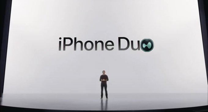 The image shows a presenter on a large white stage in front of an "iPhone Duo" logo with an Apple icon, styled to mimic an Apple keynote presentation. The accompanying post humorously suggests "buying an iPhone Duo or more $HYPE," playing on Apple's branding and a stock ticker reference.
