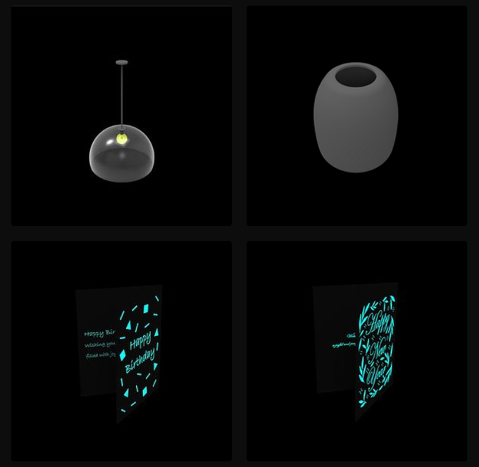 A four-panel grid showing 3D models: two dark gray vases at the top, and two black objects with glowing cyan 'Happy Birthday' text at the bottom.