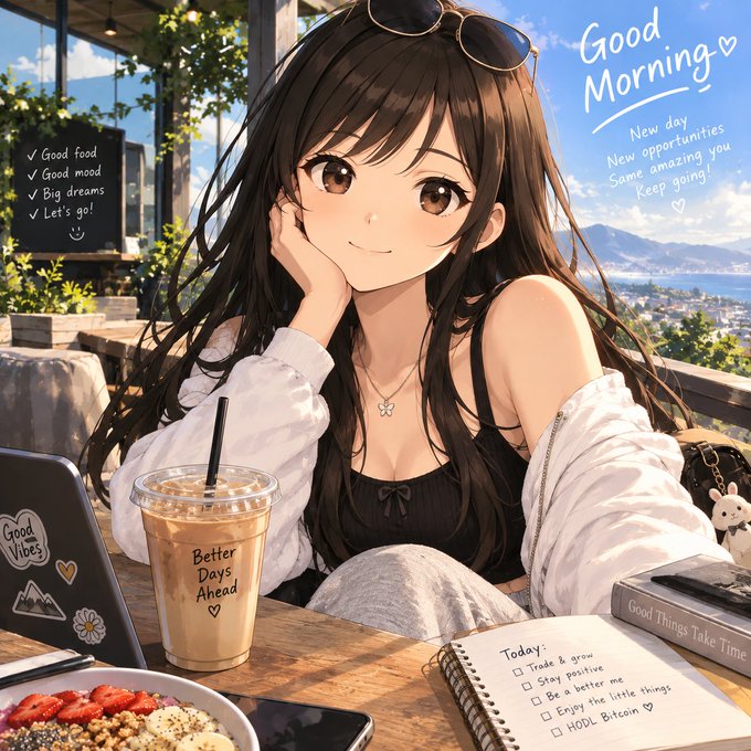 An anime-style illustration of a smiling young woman with long dark hair sitting at a cafe table with an iced coffee cup labeled 'Better Days Ahead,' a laptop with 'Good Vibes' sticker, and handwritten text saying 'Good Morning,' 'New day, New opportunities, Same amazing you, Keep going!,' and a to-do list with items like 'Trade & grow,' 'Stay positive,' 'Be a better me,' 'Enjoy the little things,' and 'HODL Bitcoin.'