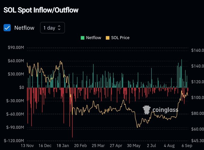 The image is a Coinglass chart titled "SOL Spot Inflow/Outflow" displaying Solana's daily netflow (green bars for inflows, red bars for outflows) alongside its price (yellow line) from November 13 to September 6, showing recent notable spot inflows reaching around $60M as SOL's price recovered to approximately $140.